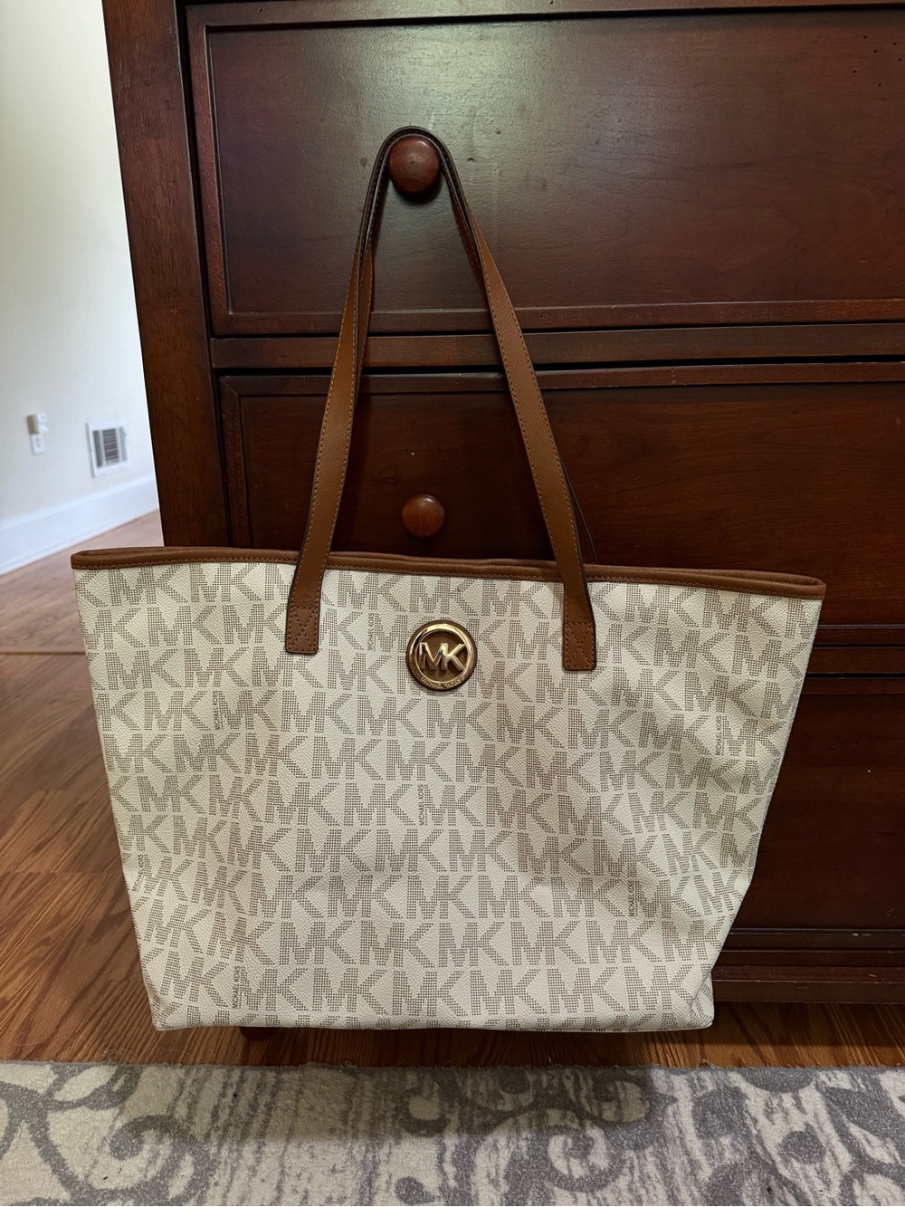 Michael Kors Cream Logo Tote with Brown Trim